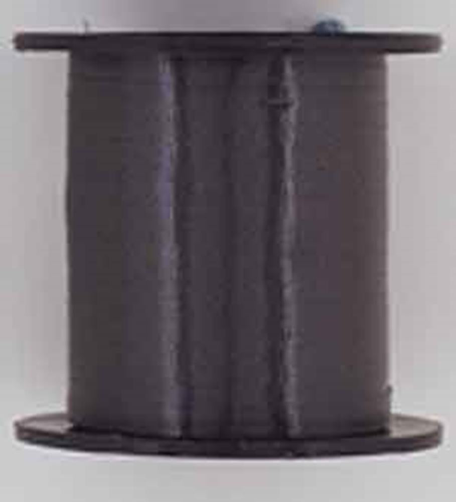 Black curling ribbon spool with tightly wound shiny ribbon on a plastic core.