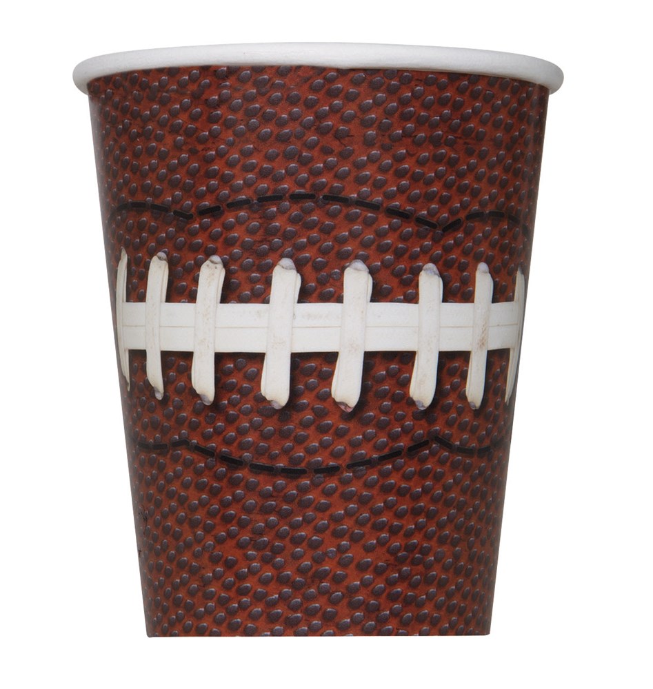 9-ounce paper cup with textured brown football pattern and white laces design.