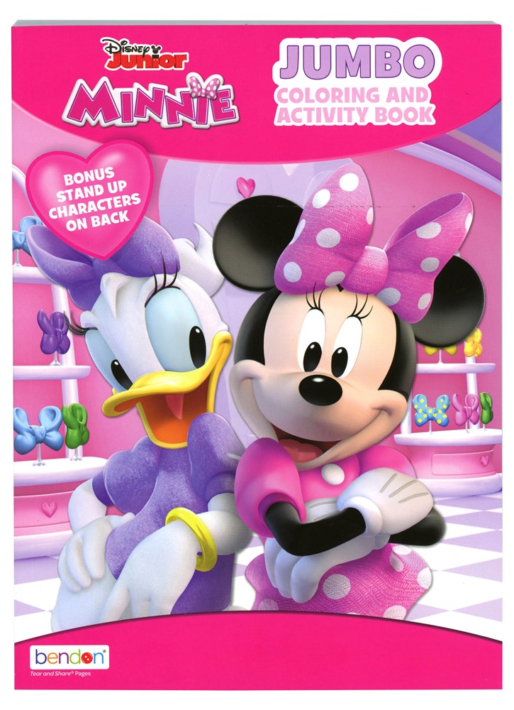 Minnie and Daisy Duck on pink-themed jumbo coloring and activity book cover with polka dot bow and Disney Junior logo.