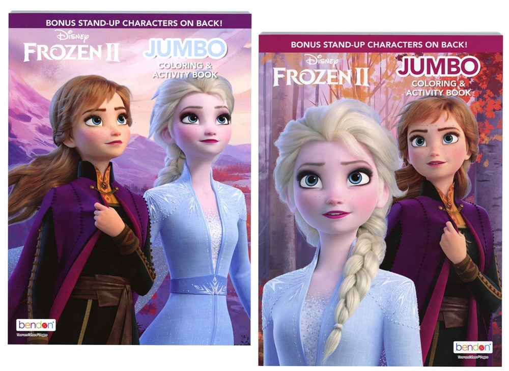 Two Frozen 2 jumbo coloring books featuring Anna and Elsa on purple and pink covers with bonus stand-up characters.