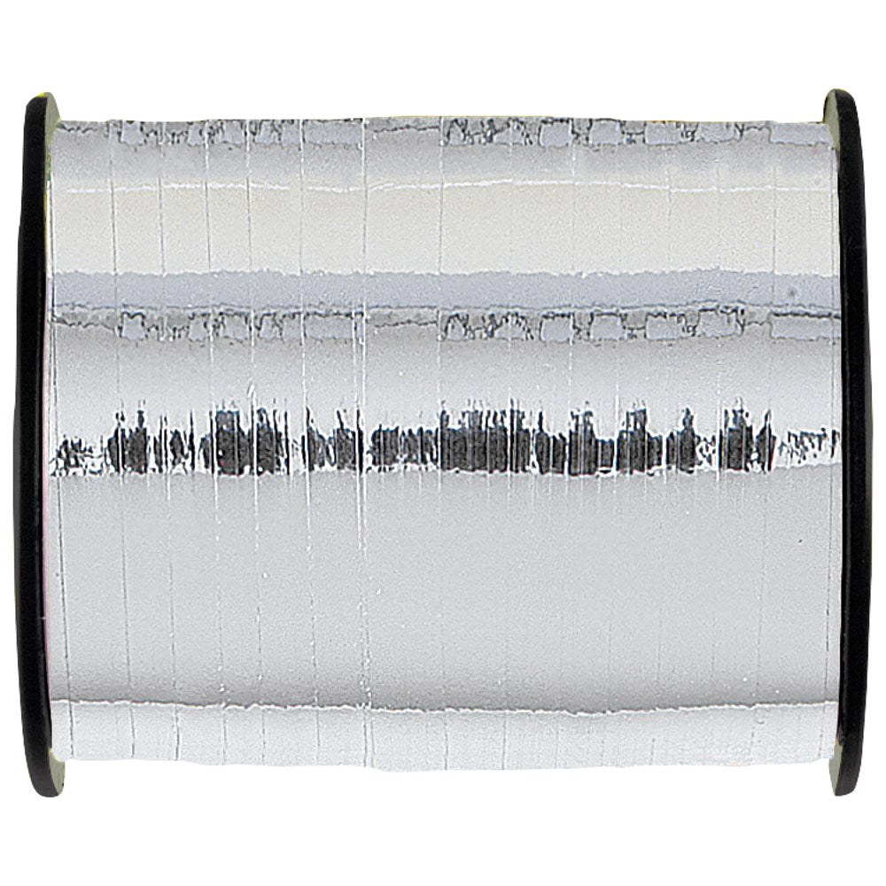 Spool of shiny silver curling ribbon with reflective finish on black plastic core.