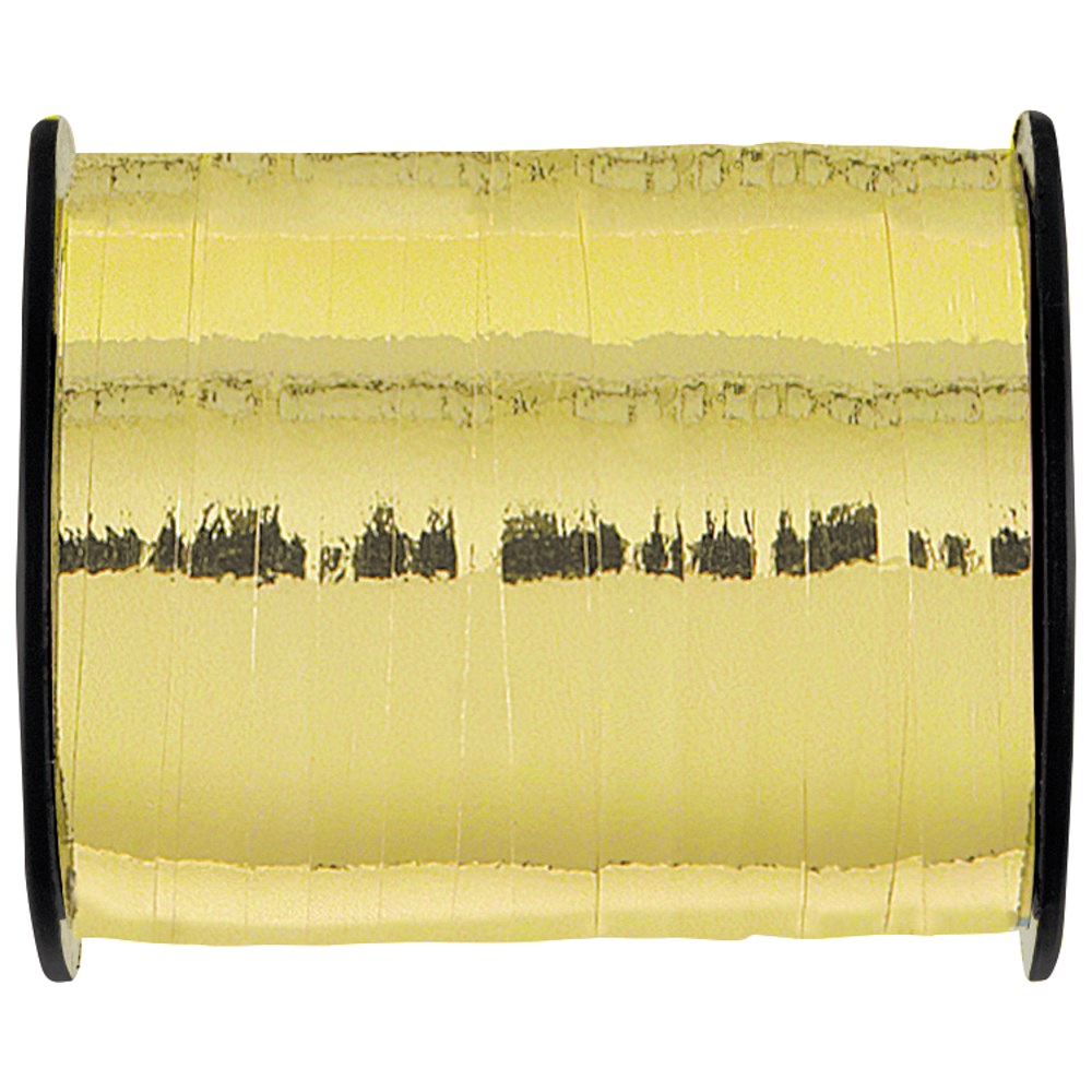 Spool of shiny metallic gold curling ribbon with textured surface and black edges.