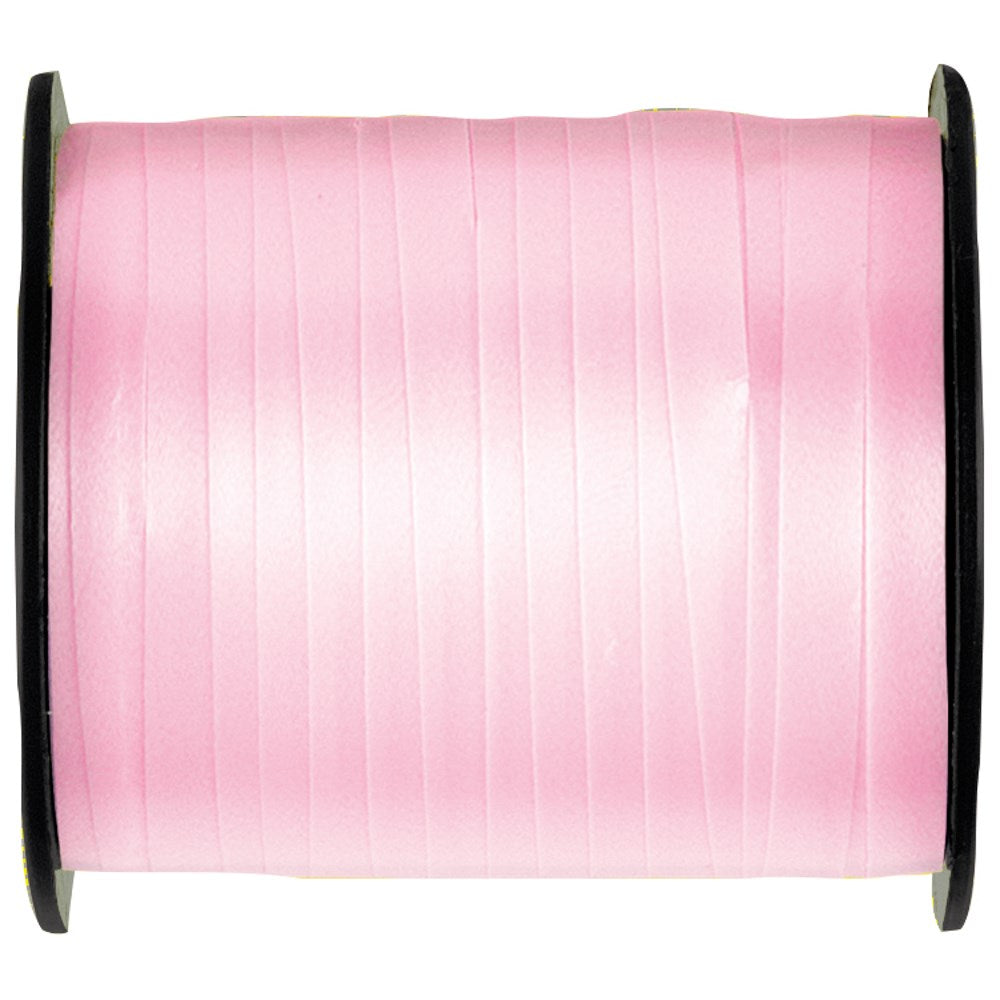 Spool of smooth, glossy pastel pink curling ribbon wound evenly on black plastic reels.