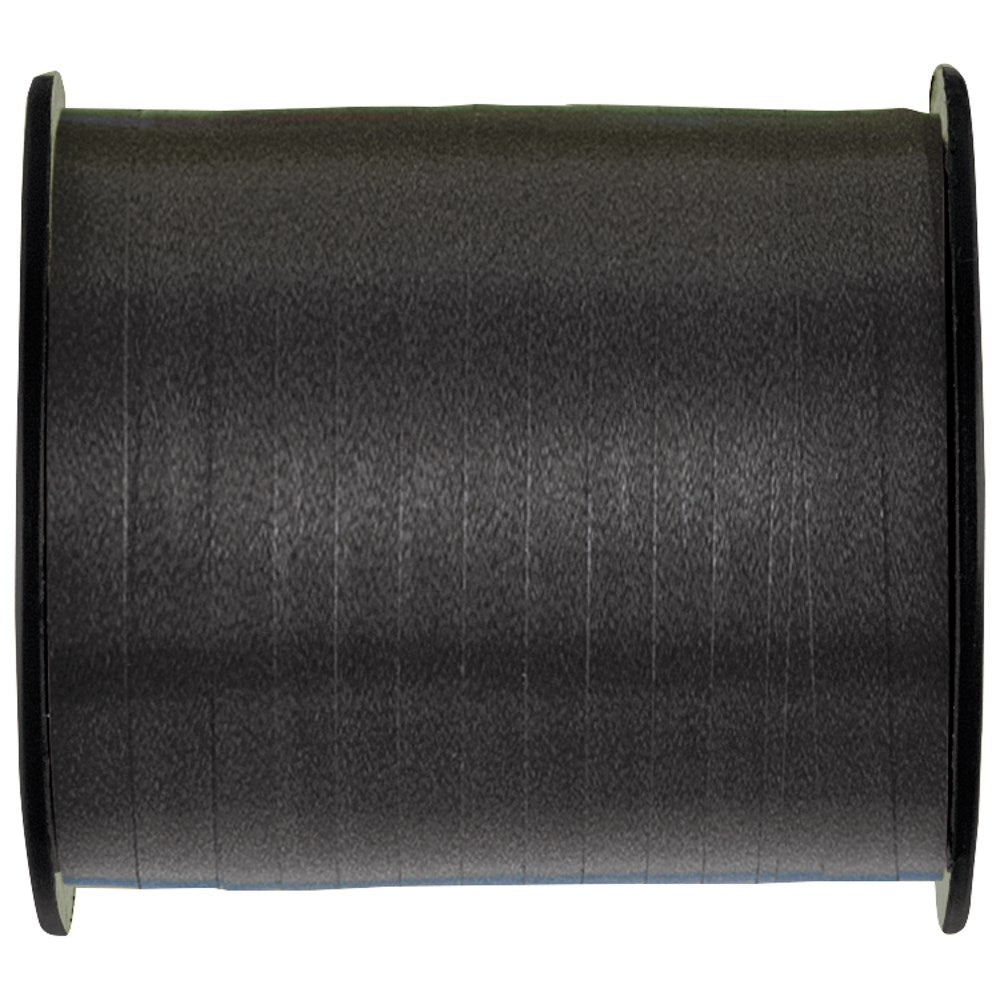 Spool of black curling ribbon with smooth, shiny texture, wound tightly on a black plastic reel.