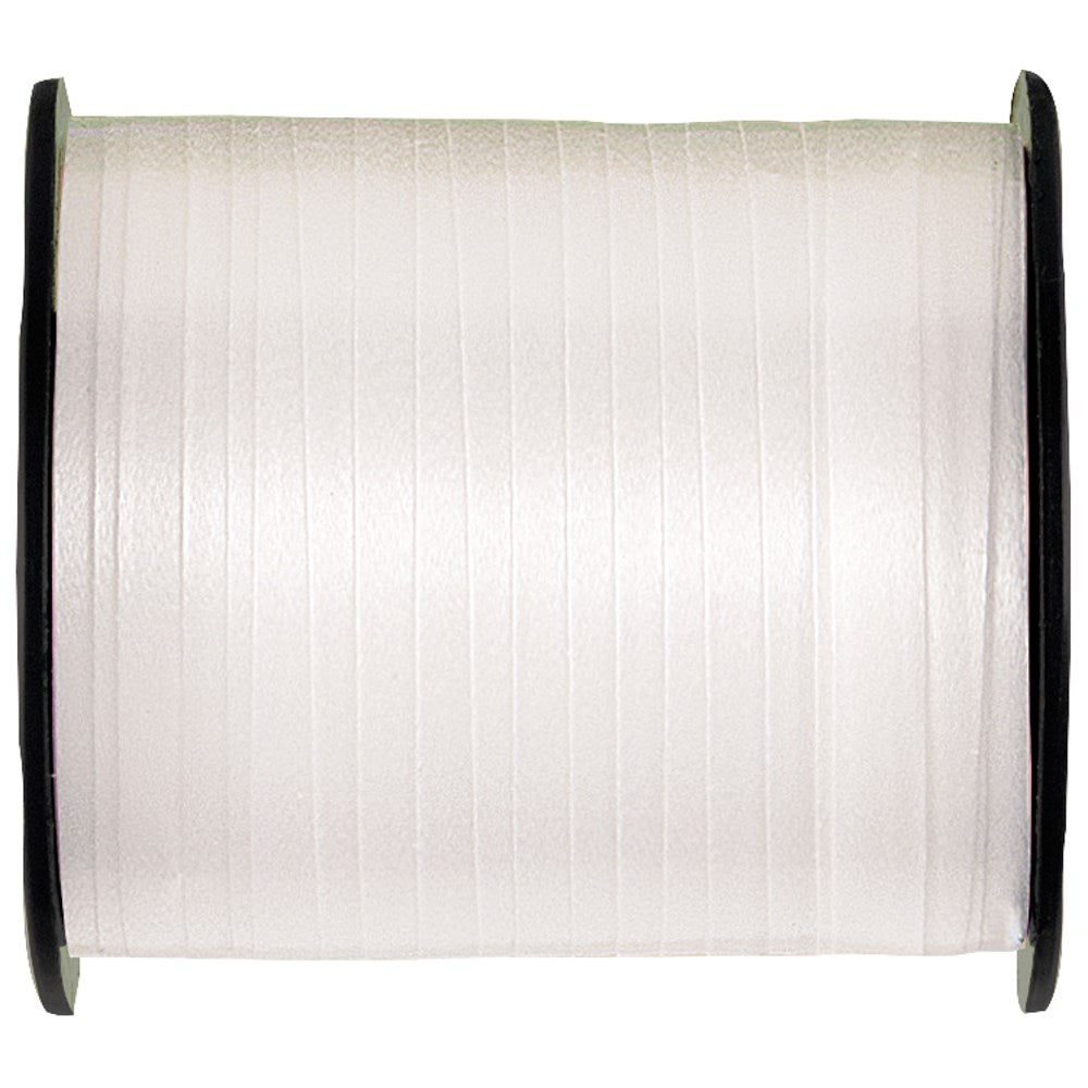 Wide spool of shiny white curling ribbon with black edges and textured horizontal lines.