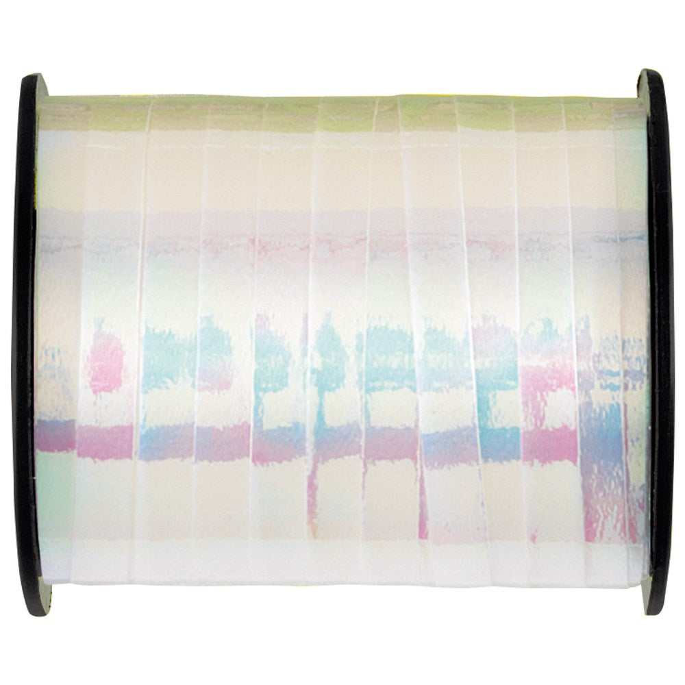 Iridescent curling ribbon spool with translucent, shiny surface reflecting pastel hues of pink, blue, and yellow.