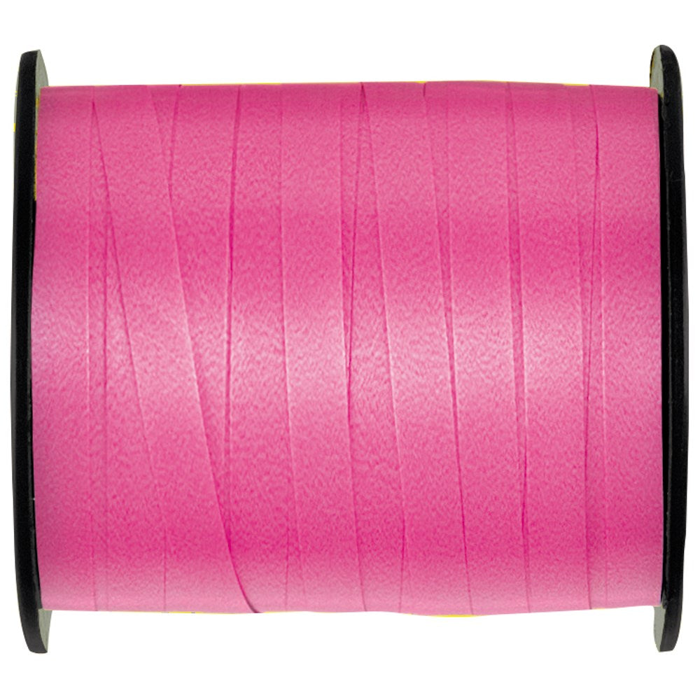 Bright hot pink curling ribbon wound on black plastic spool, shiny smooth texture, 100 yards long.