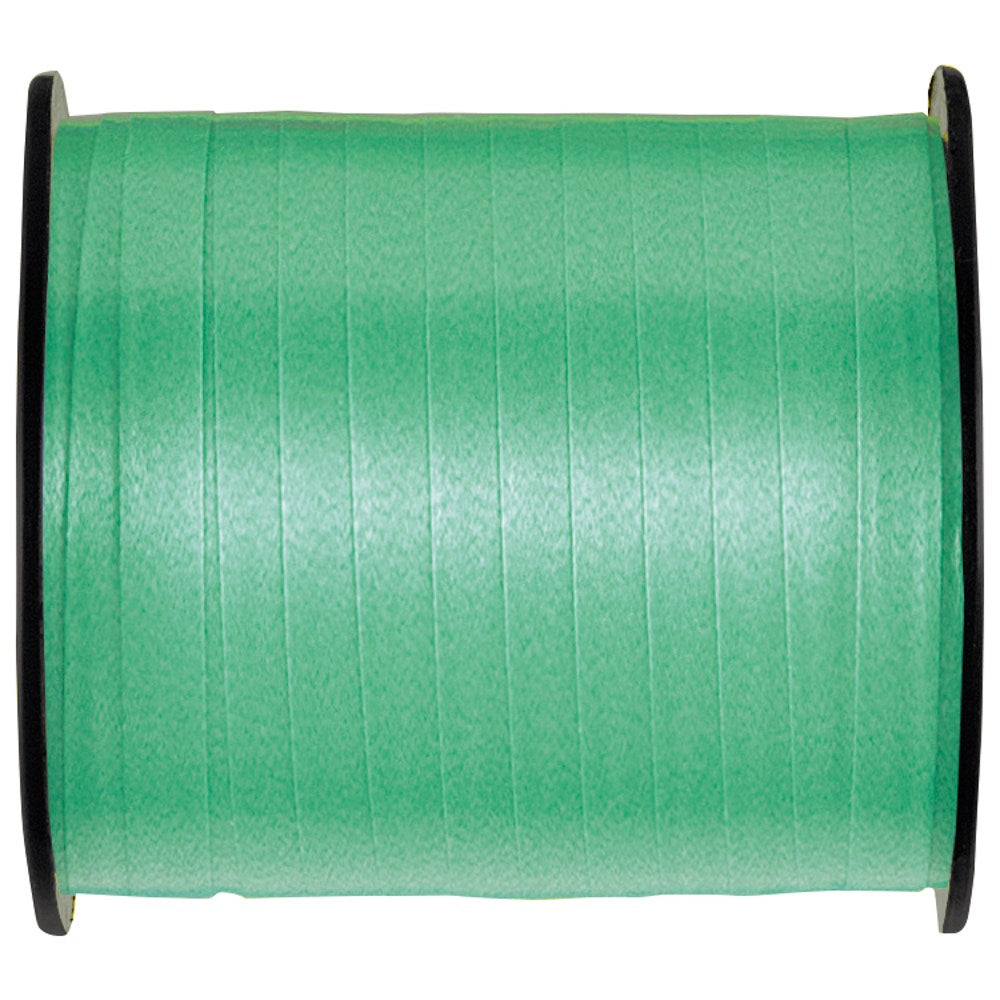 Emerald green curling ribbon spool with narrow, shiny textured ribbon wound tightly around black plastic sides.