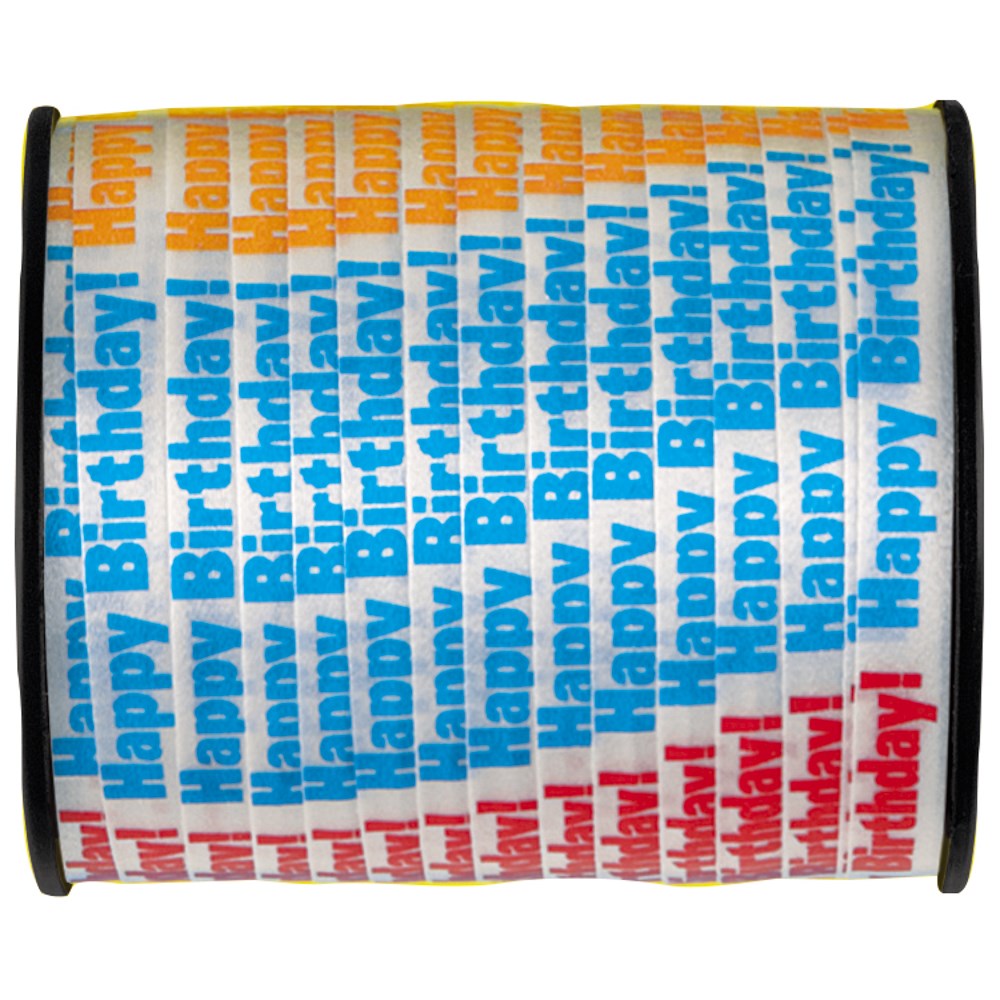 Roll of curling ribbon with repeating "Happy Birthday" text in blue, orange, and red stripes on white background.
