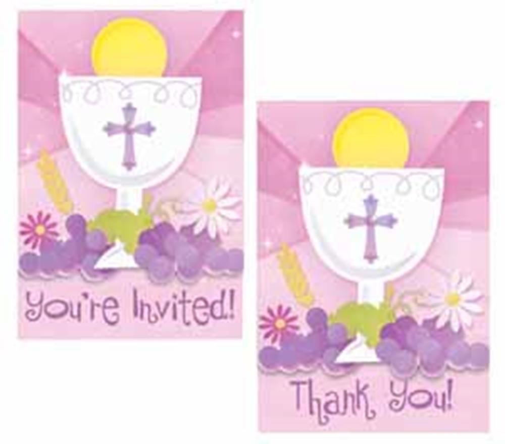 Pink First Communion invitations with a white chalice, yellow host, purple cross, and floral accents, featuring "You're.