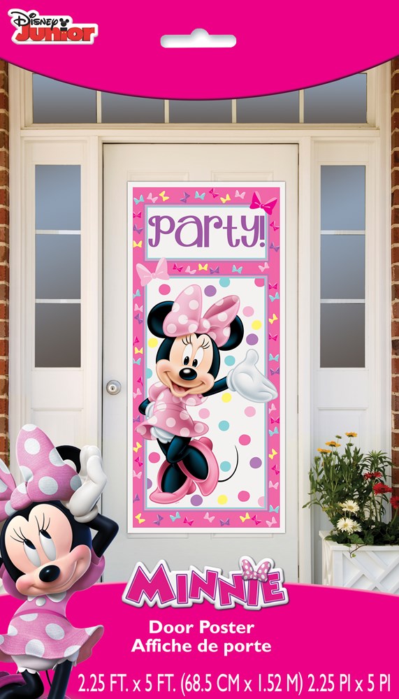 Minnie Mouse door poster with pink polka dot background, pink bow, and "party" text, 2.25ft by 5ft.