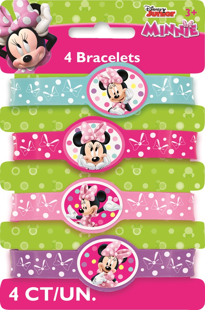 Set of four stretchy bracelets with pink and green bands featuring round Minnie Mouse charms with polka-dot bows.