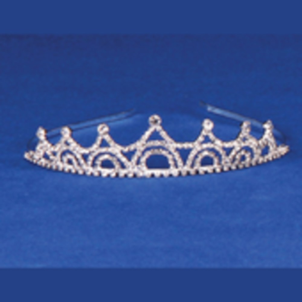 Silver-tone tiara with intricate rhinestone detailing in a delicate, arched design.