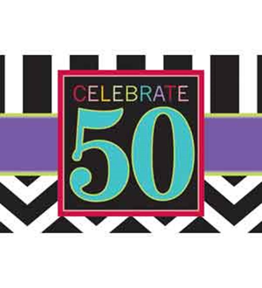 Black and white striped and chevron patterned 50th birthday invitation with colorful "Celebrate 50" text on purple band.