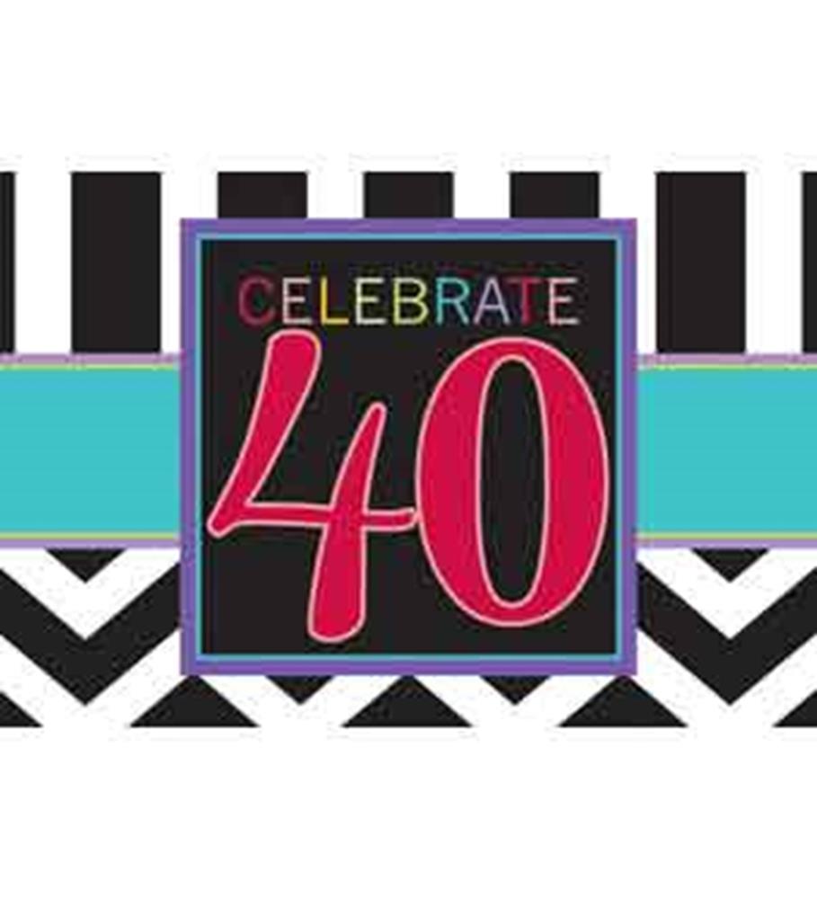 Black and white striped 40th birthday invitation with colorful "Celebrate 40" text on teal and pink accents.