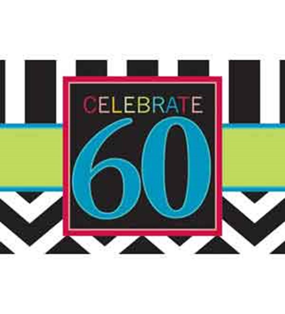 Black and white striped and chevron invitation with teal "60" and multicolor "Celebrate" text on lime green band.