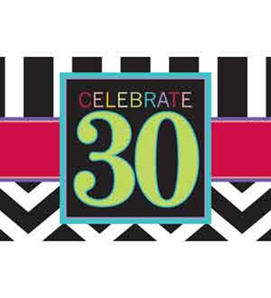Black and white striped and chevron pattern 30th birthday invitation with lime green number 30 and red "Celebrate" text on.
