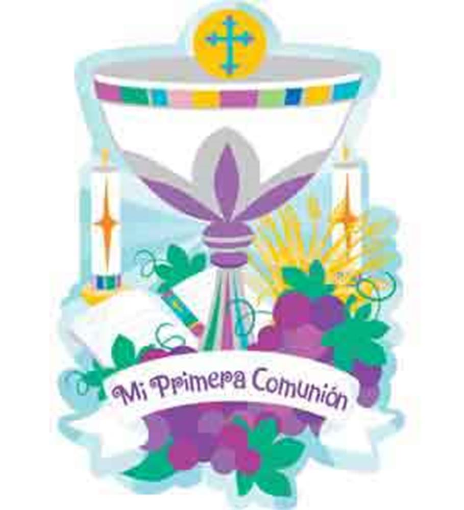 Colorful Mi Primera Comunión invitation shaped like a chalice with grapes, wheat, candles, and a cross emblem.