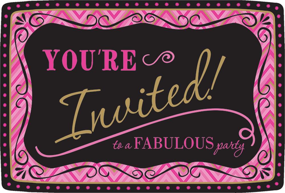 Pink and black rectangular birthday invitation with gold and pink cursive "You're Invited!" text and decorative swirls.