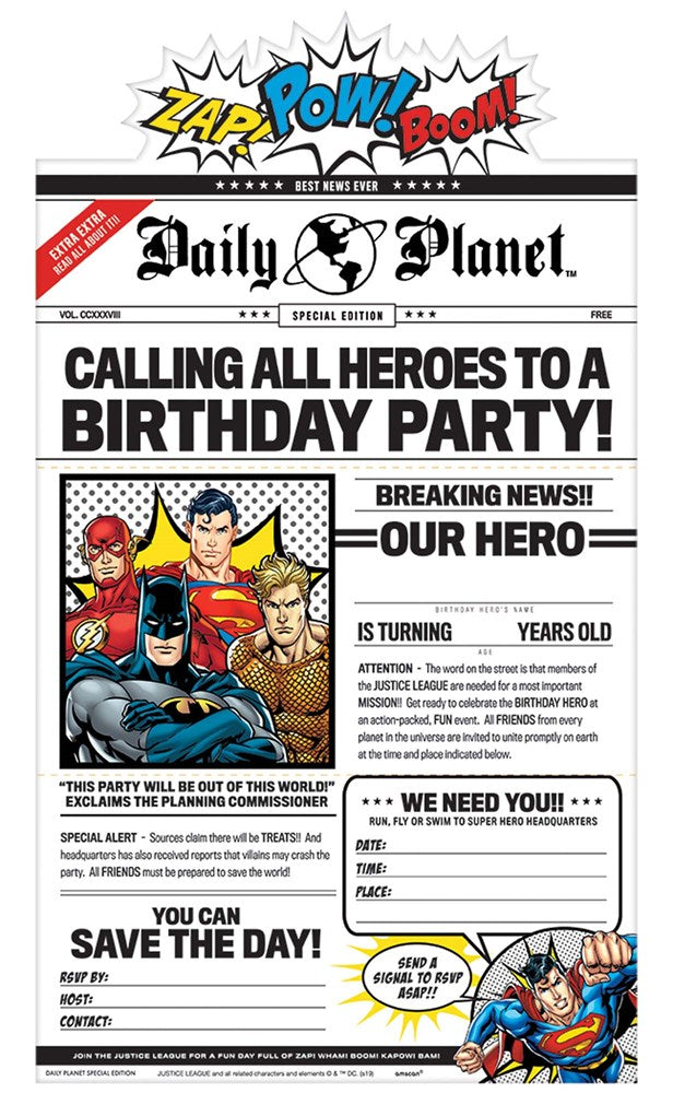 Superhero-themed birthday invitations designed like a newspaper front page featuring comic-style heroes and bold text.