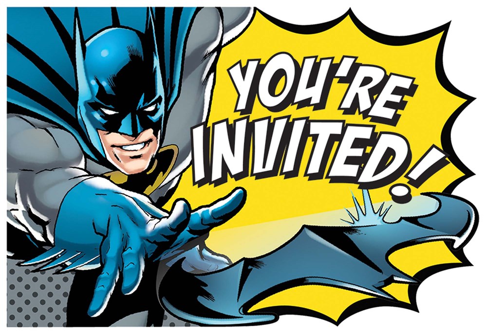 Superhero-themed postcard invitation with blue and gray masked hero reaching forward and yellow speech bubble reading.