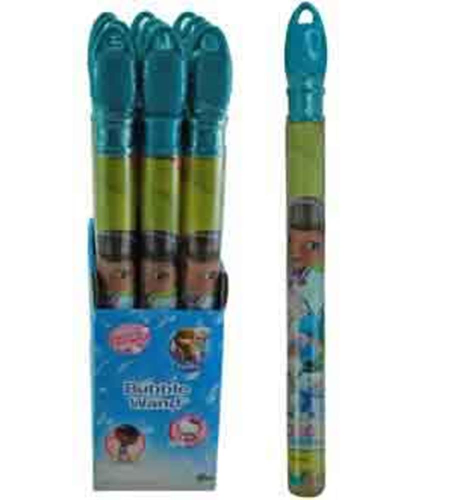 Set of five Doc Mcstuffins bubble wands with blue handles and printed character designs on green tube shafts in a blue.
