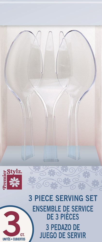 Clear plastic 9-inch serving set with three large spoon-shaped utensils in a transparent box.