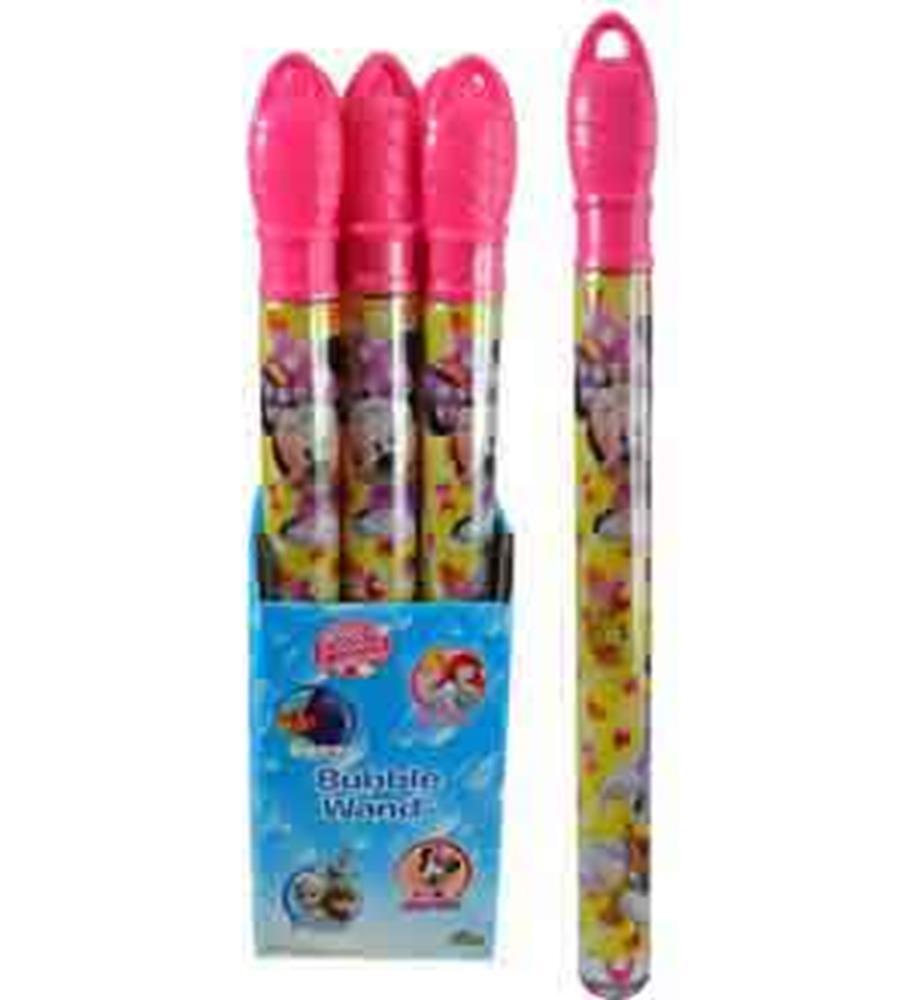 Set of five tall, pink-capped bubble sticks with colorful Minnie Mouse-themed wrappers.