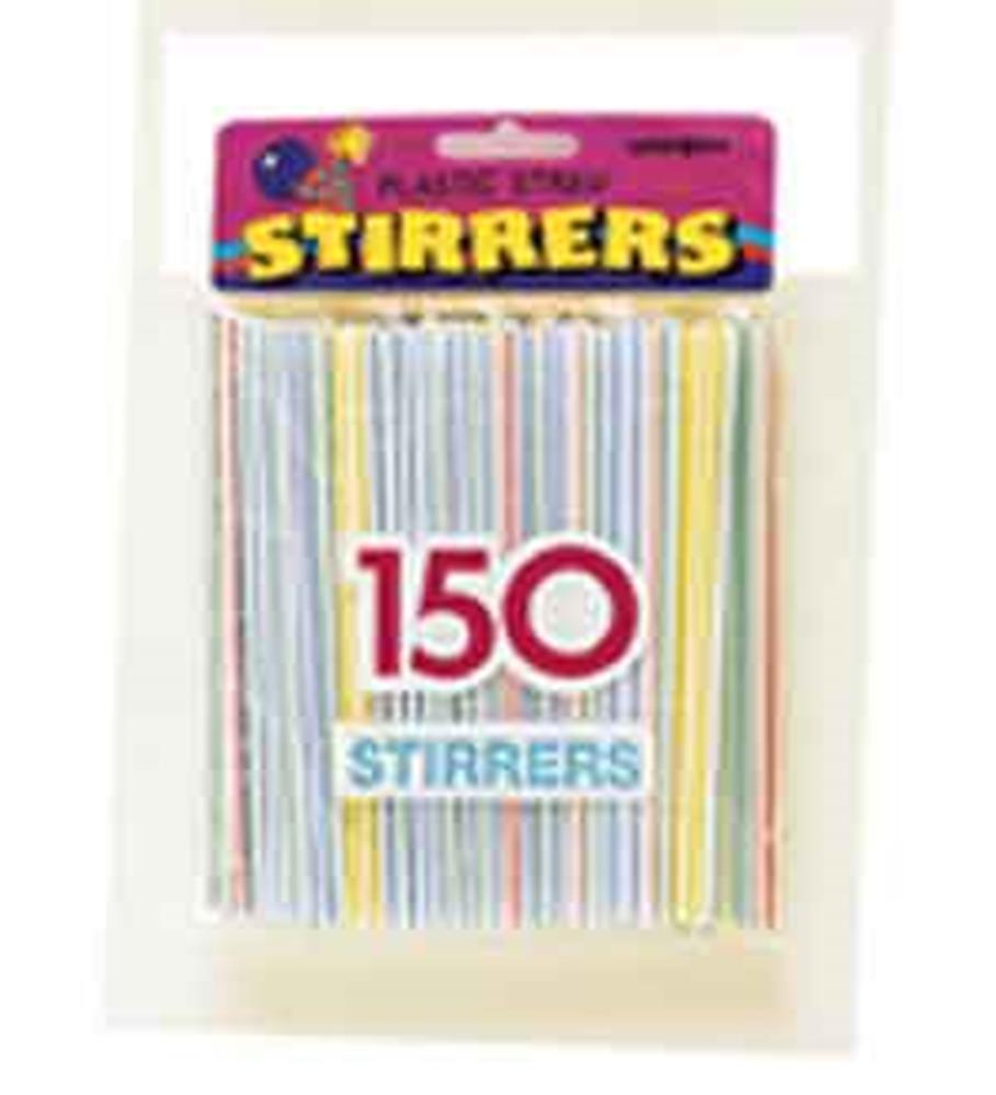 Package of 150 plastic stirrer straws with pastel yellow, blue, pink, and white stripes.