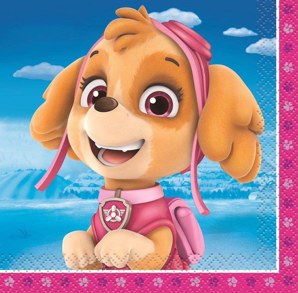 Pink beverage napkin featuring Skye from Paw Patrol with a snowy mountain background, 16 count.
