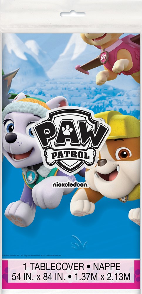 Blue Paw Patrol girl tablecover featuring characters Everest, Skye, and Rubble with snowy mountain background.