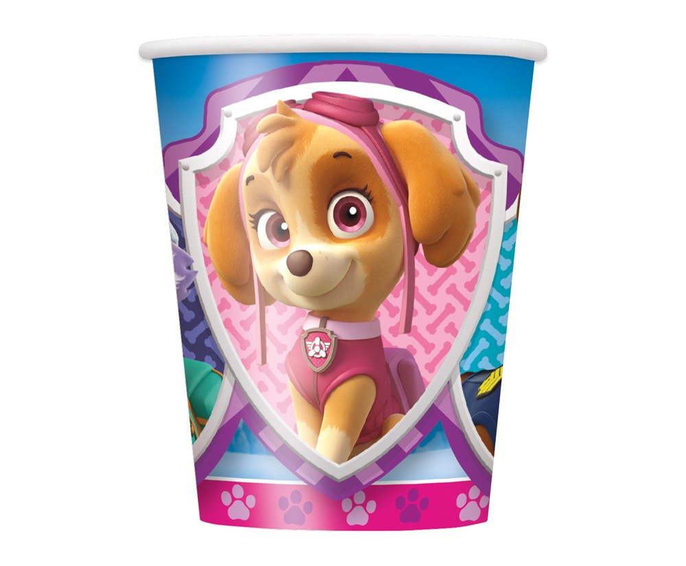 9-ounce plastic cup featuring pink Paw Patrol character Skye with paw print border and blue background.