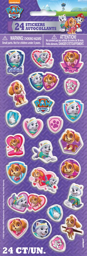 Colorful Paw Patrol girl-themed puffy stickers with characters, badges, and hearts on a purple backing card.