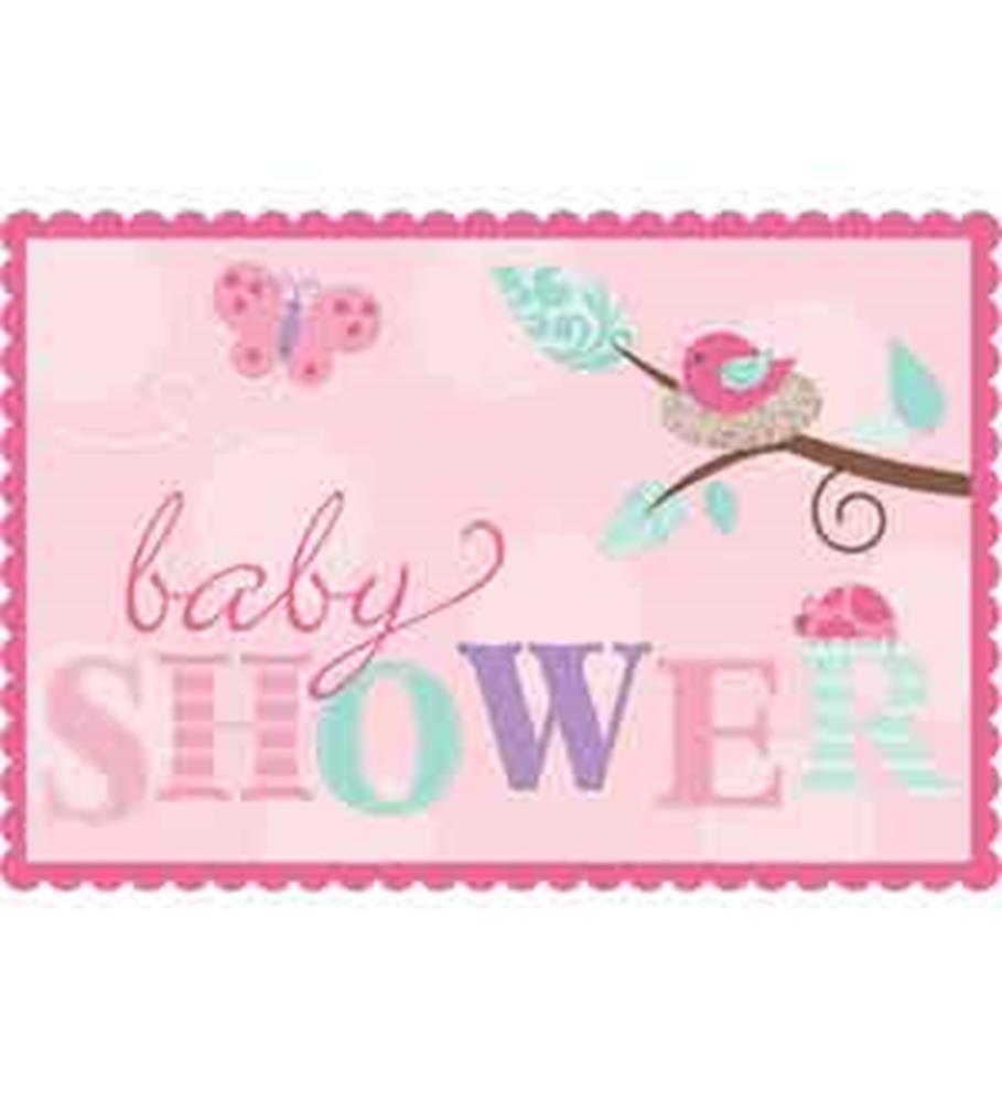 Rectangular pink baby shower sticker with scalloped edges, featuring a cartoon bird on a branch, a pink butterfly, and.