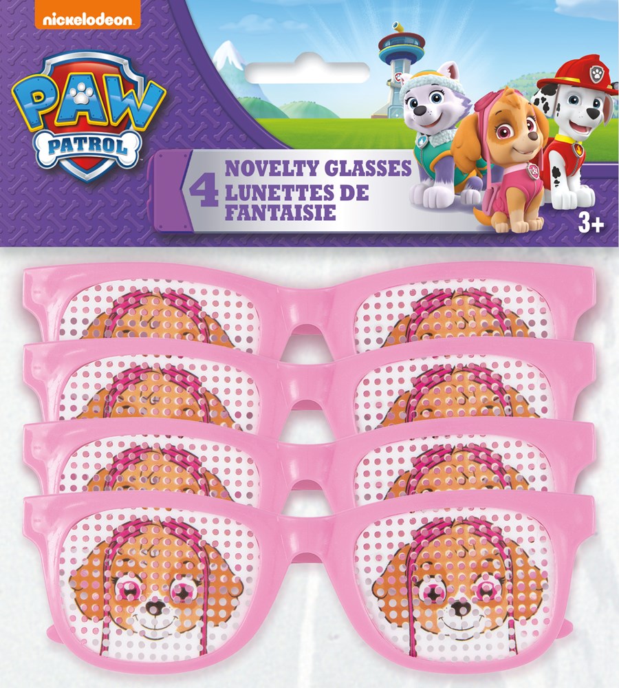 Set of four pink plastic novelty eyeglasses with Paw Patrol character faces on the lenses designed for children.
