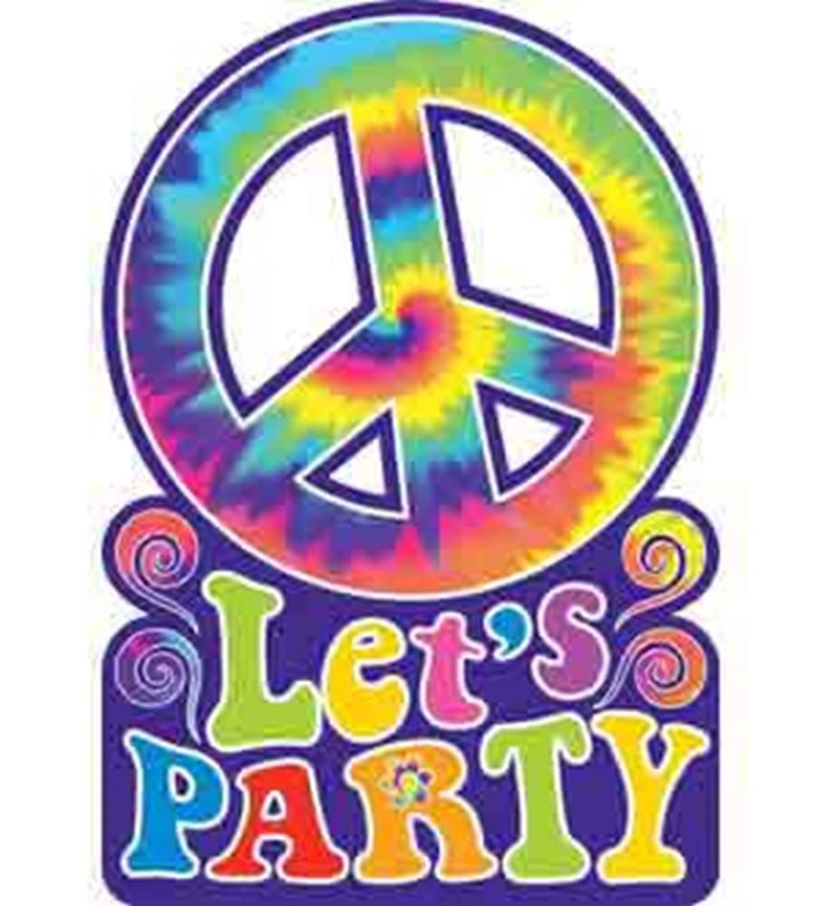 Tie-dye peace sign with colorful "Let's Party" text in bold, playful letters on 8 invitations.