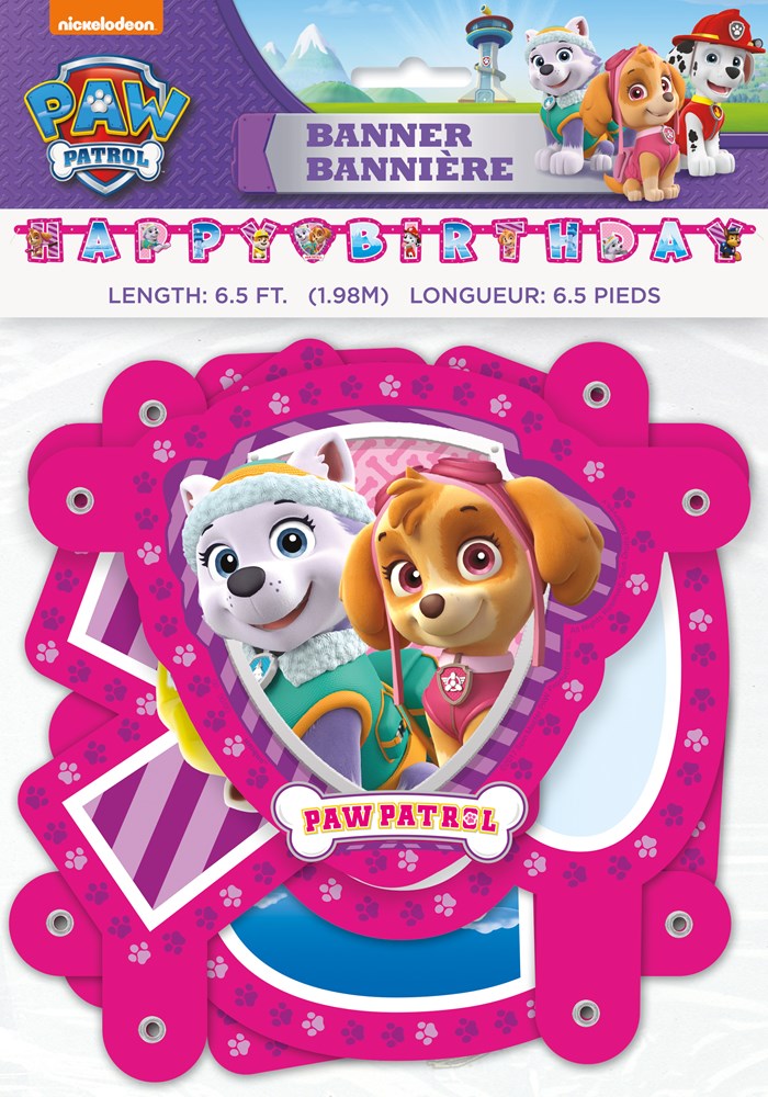 Pink scalloped-edge birthday banner with Paw Patrol characters and "Happy Birthday" text.
