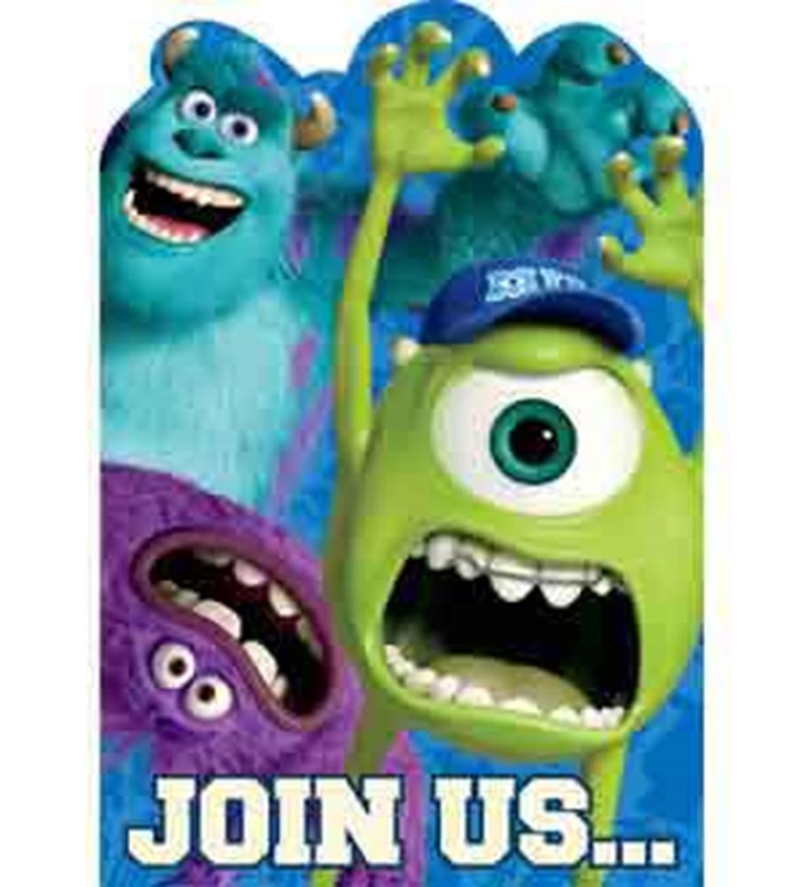 Monster University birthday invitation featuring colorful animated characters Sulley, Mike, and Randall with bold white text
