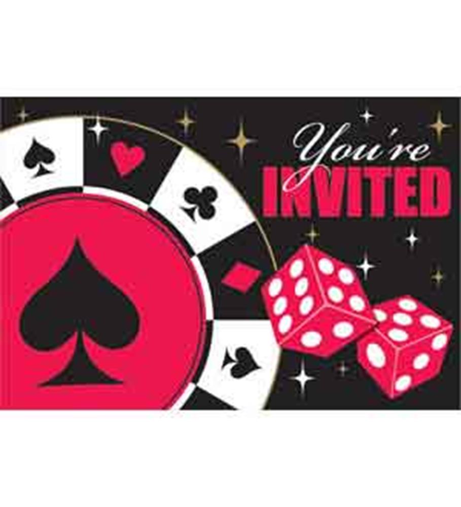 Casino-themed invitation with poker chips, red dice, and "You're Invited" text in red and white on black background.