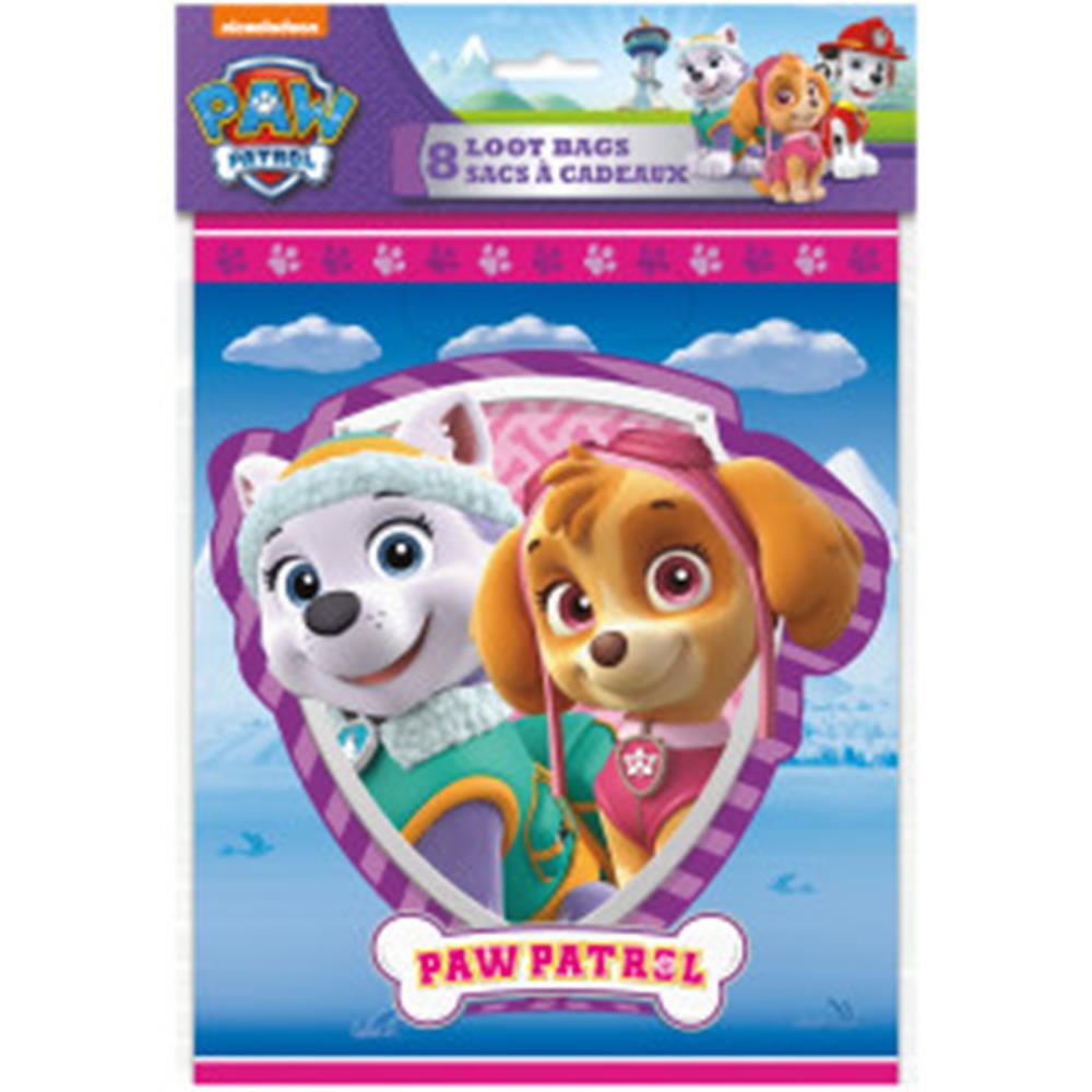 Set of 8 Paw Patrol loot bags featuring Everest and Skye on a purple and blue shield background.