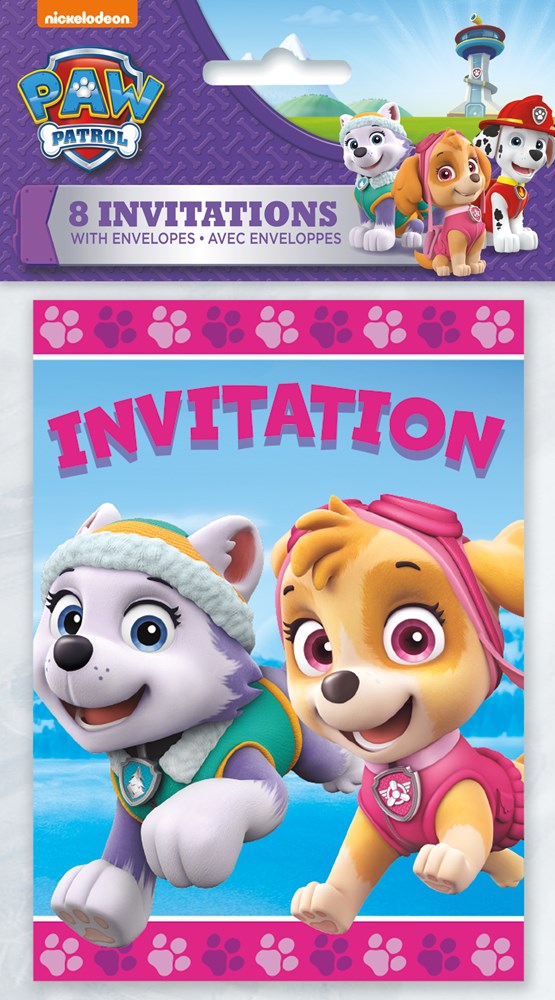 Paw Patrol girl invitations with pink and purple background featuring characters Everest and Skye, 8-pack.