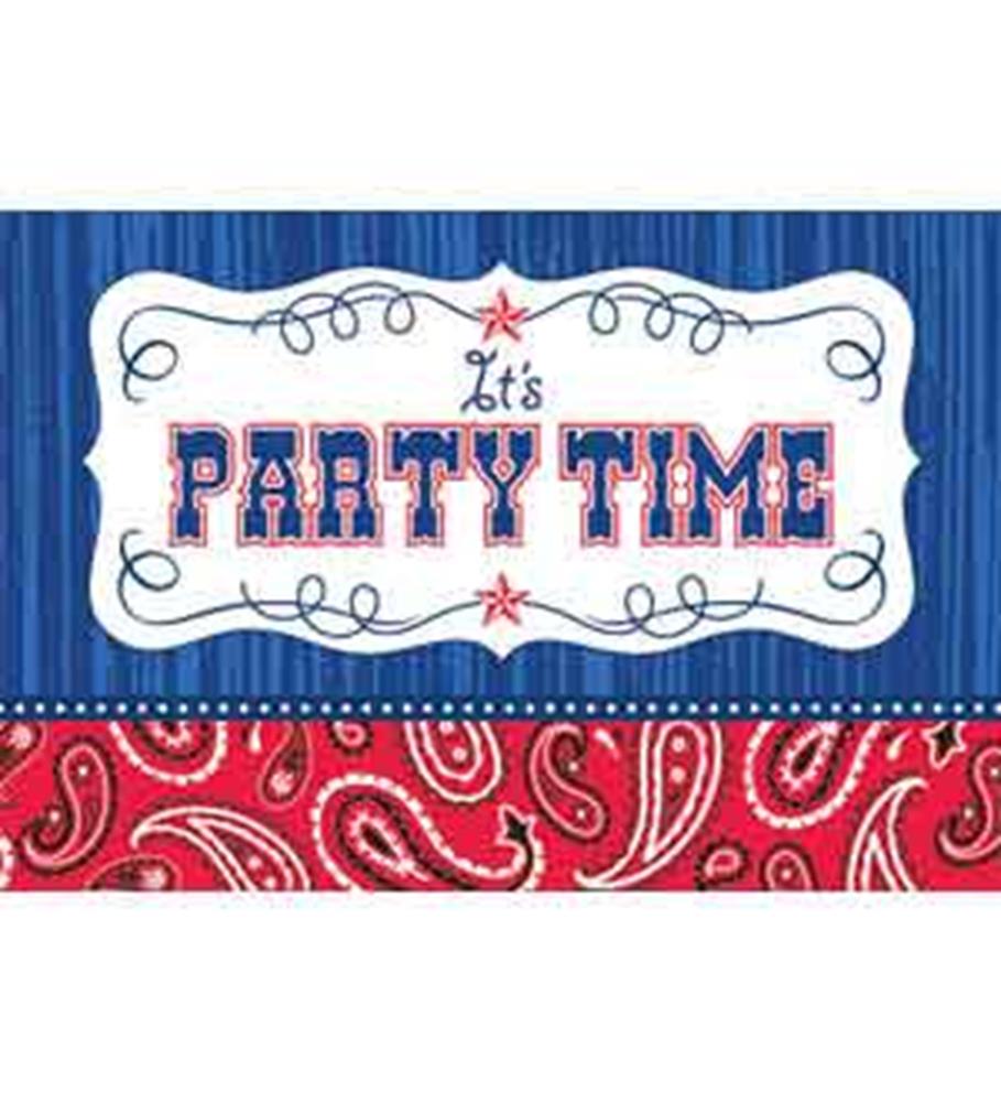 Western invitation with blue background, ornate white label, red paisley band, and bold "Party Time" text.