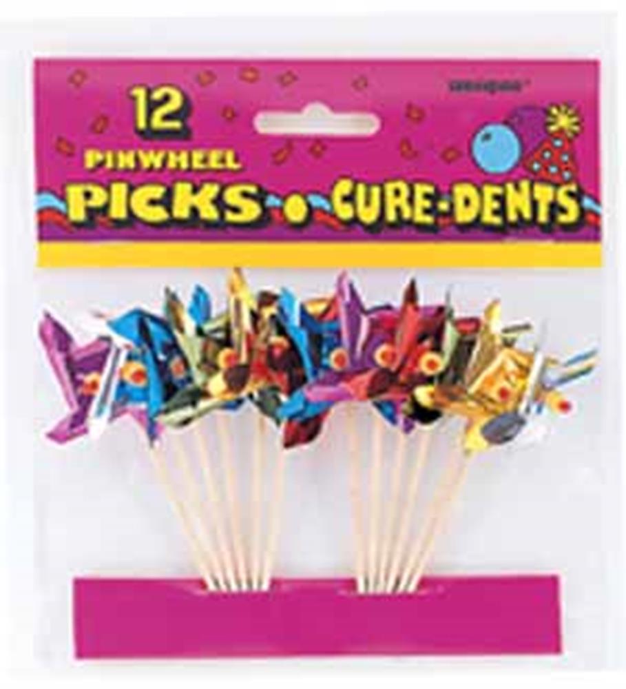 Colorful metallic pinwheels attached to wooden sticks, 12-pack in clear packaging with bright pink header card.