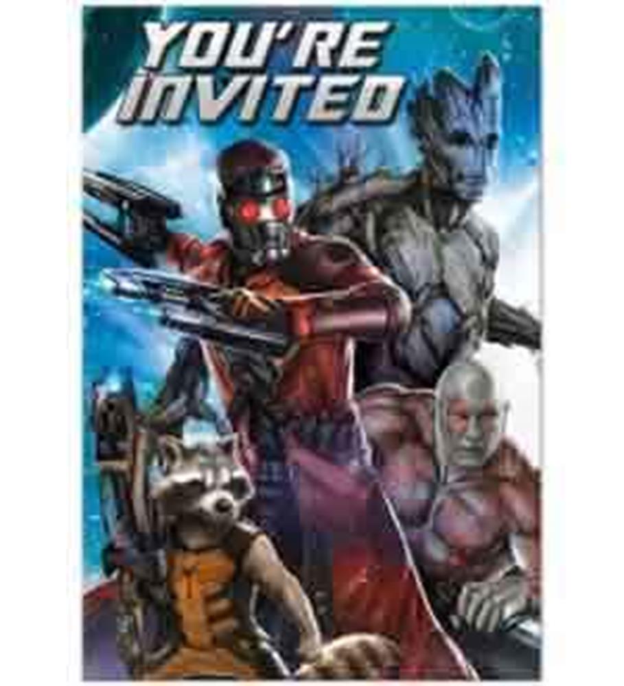 Guardians of the Galaxy themed invitation with Star-Lord, Groot, Drax, and Rocket on a blue cosmic background with "You're.