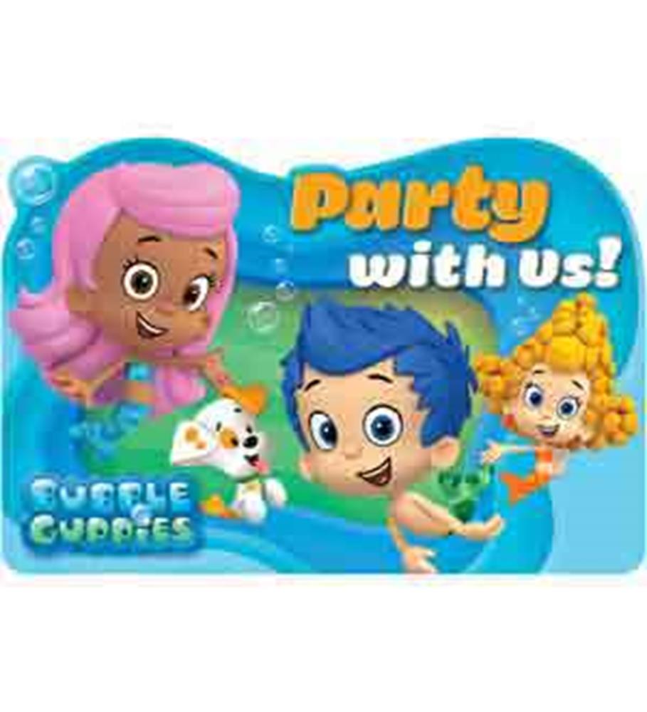 Colorful Bubble Guppies birthday invitation with characters Gil, Molly, Goby, and Bubble Puppy on blue background.