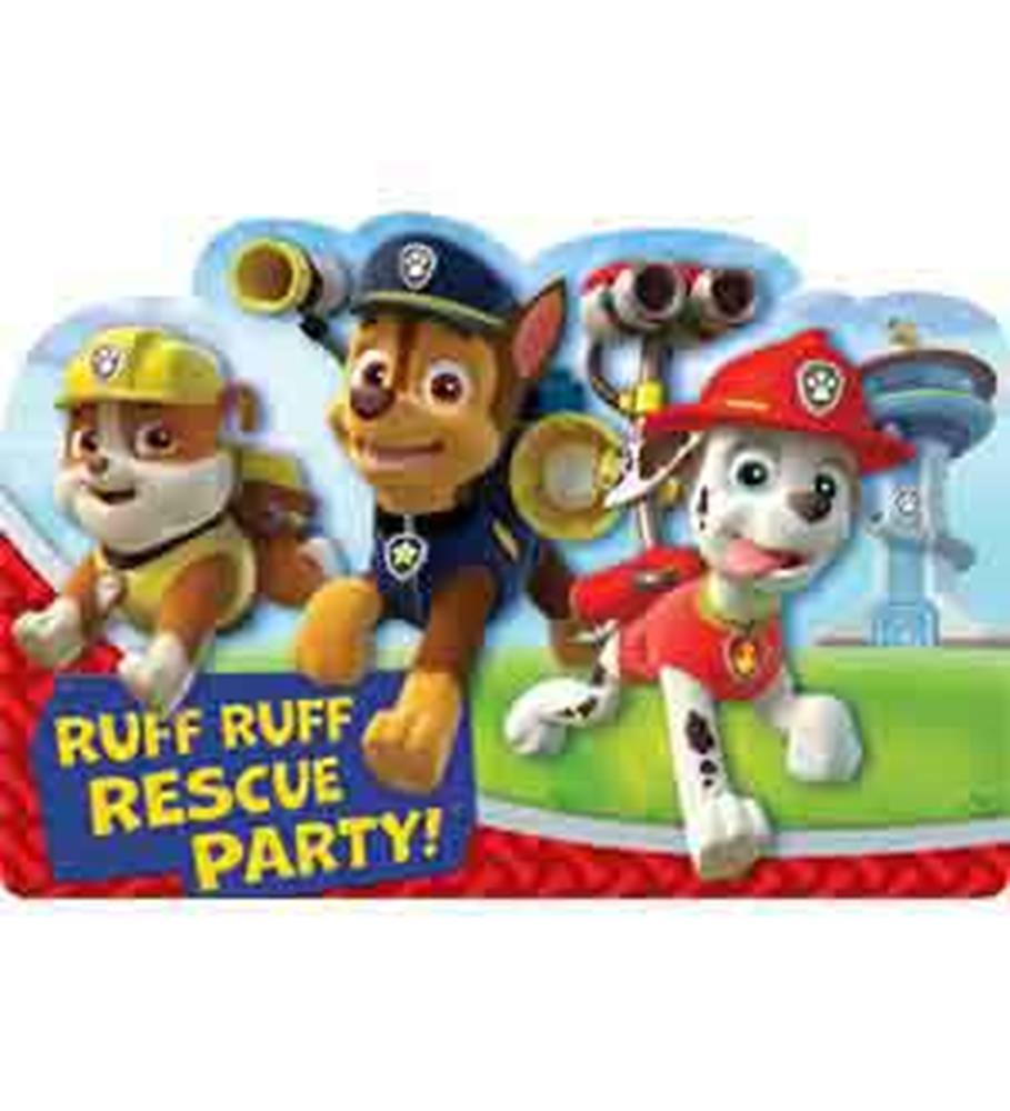 Colorful Paw Patrol birthday invitations featuring characters Rubble, Chase, and Marshall with Rescue Party text.