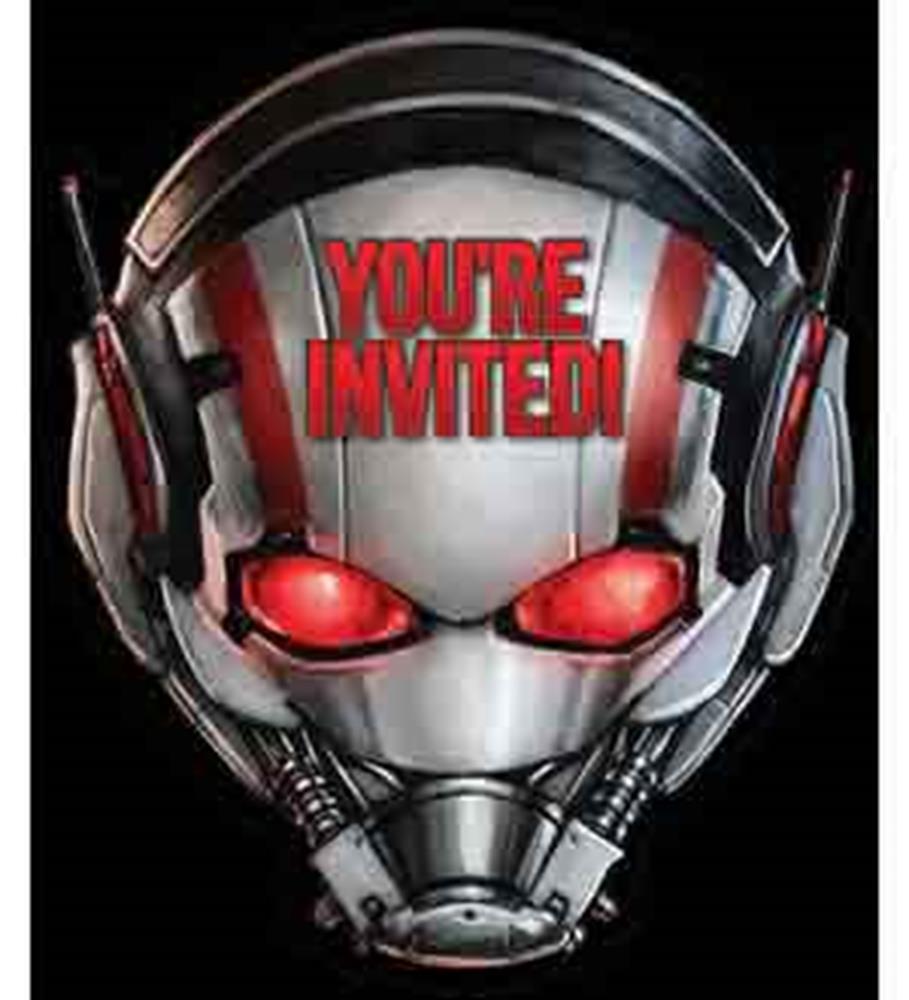 Silver and black Ant-Man helmet with glowing red eyes and bold red "You're Invited!" text on top.
