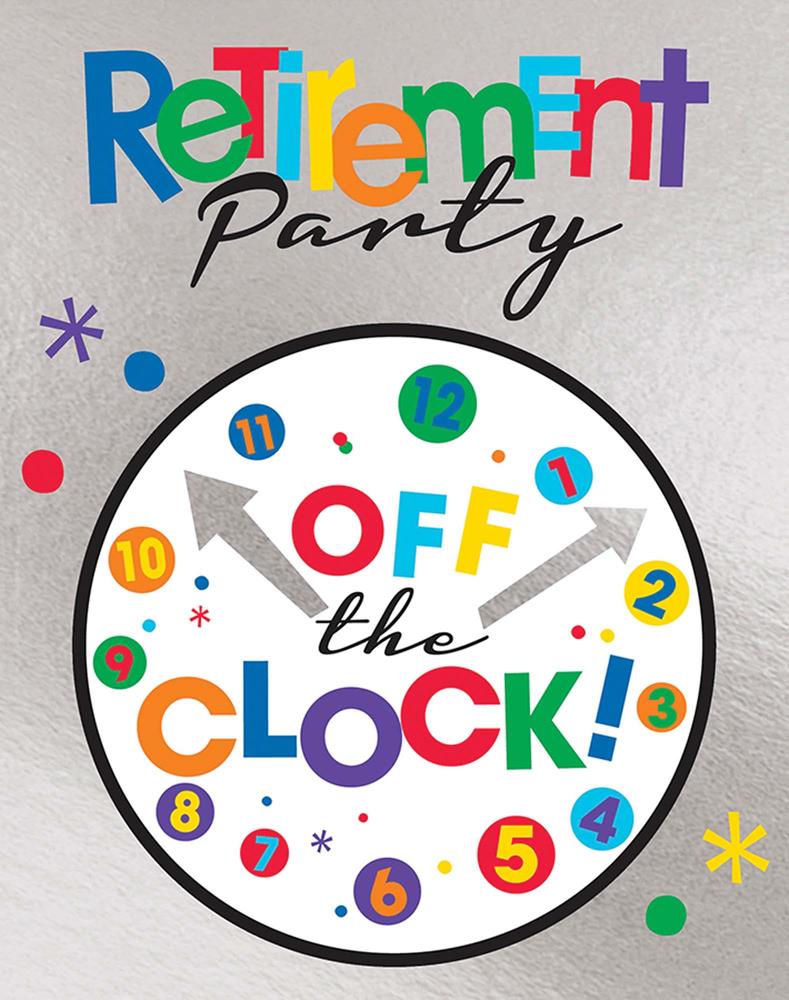 Colorful retirement party invitation with a clock face and bold "Off the Clock!" text.