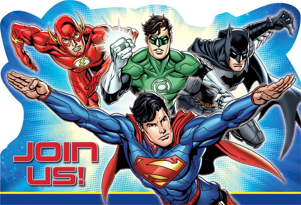Justice League invitation card featuring Flash, Green Lantern, Batman, and Superman flying with "Join Us!" text on blue.