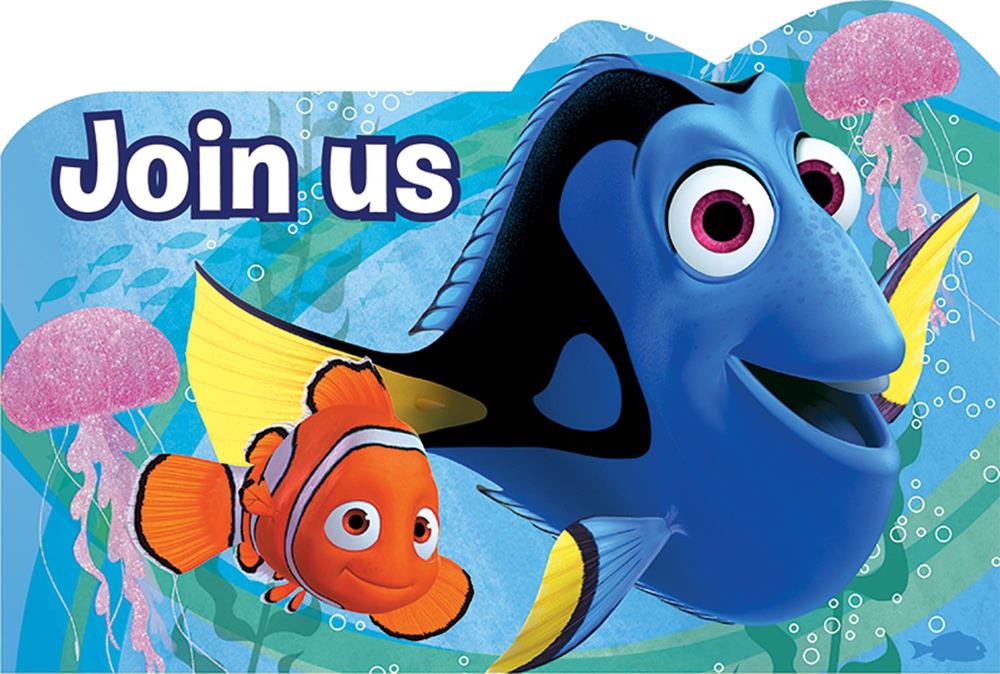 Colorful Finding Dory birthday invitation featuring characters Dory and Nemo with underwater background and "Join us" text.